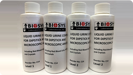 Bottles of BioSys Plus liquid dipstick and microscopic urine controls