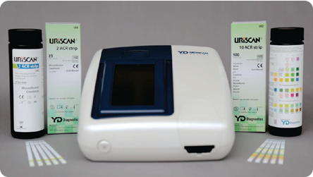 UriScan 2ACR and 10ACR test strips with a UriScan Optima analyzer